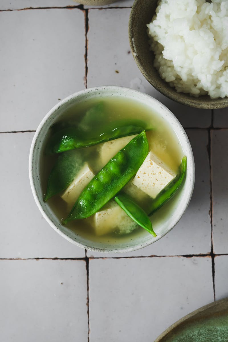 Bowls of Japanese miso soup and rice