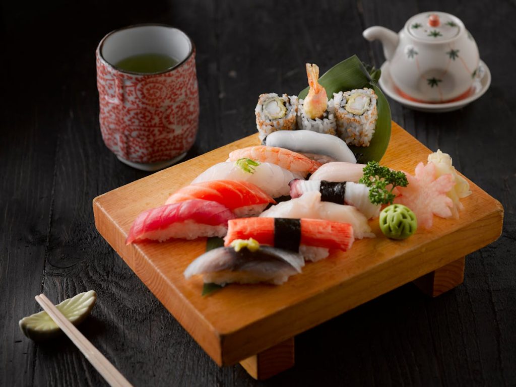 Sushi on wooden board - Japonity