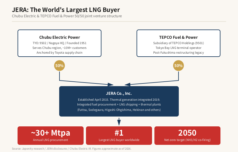 JERA joint venture structure showing Chubu Electric and TEPCO Fuel & Power as 50/50 parents and JERA as the world's largest LNG buyer.