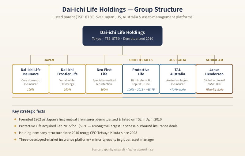 Dai-ichi Life Holdings group structure across Japan domestic life, Protective Life US, TAL Australia and the Janus Henderson minority stake.