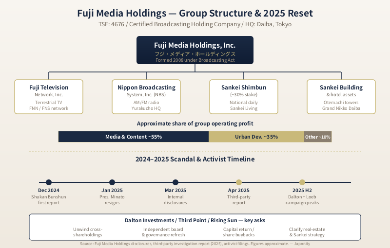 Fuji Media Holdings group structure with Fuji TV, NBS and Sankei stake plus the 2024-2025 Nakai scandal and Dalton activist campaign timeline.