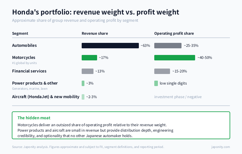 Bar chart of Honda's segment revenue vs operating profit share showing motorcycle profit disproportion.