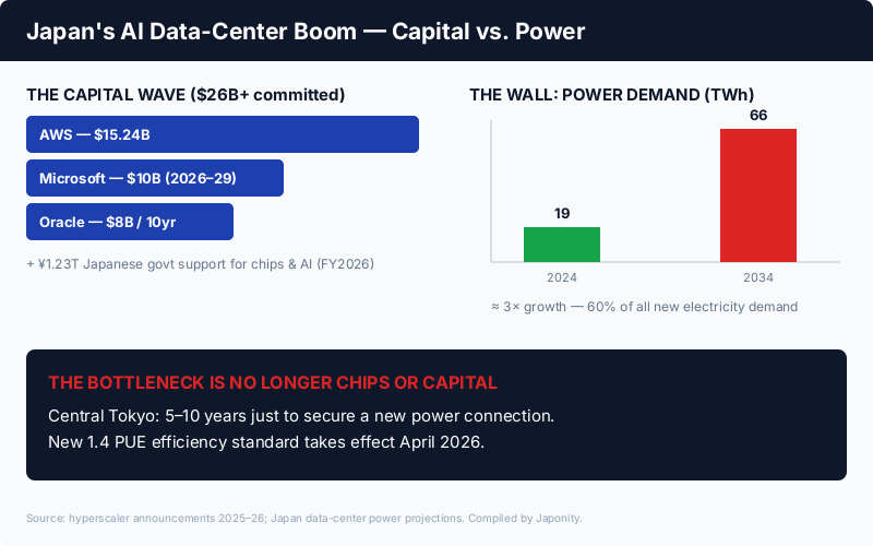 Japan AI data center boom: $26B+ in hyperscaler capital versus power demand tripling from 19 to 66 TWh by 2034