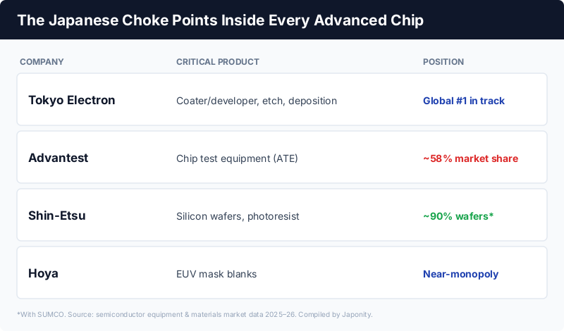 The Japanese choke points inside every advanced chip: Tokyo Electron, Advantest (58% test share), Shin-Etsu (90% wafers), Hoya (EUV mask blanks)