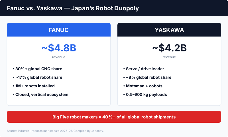 Fanuc vs Yaskawa: Japan's robot duopoly — Fanuc ~$4.8B revenue and ~17% robot share, Yaskawa ~$4.2B and ~8% share