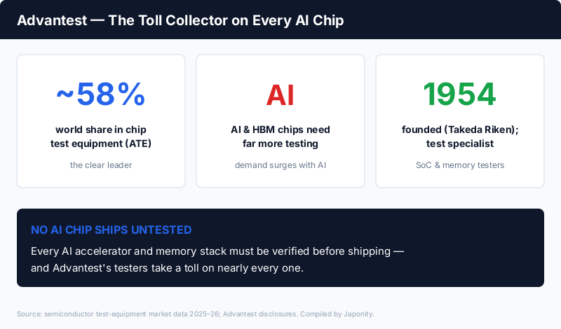 Advantest: ~58% world share in semiconductor test equipment, a direct beneficiary of AI and HBM chip demand, founded 1954