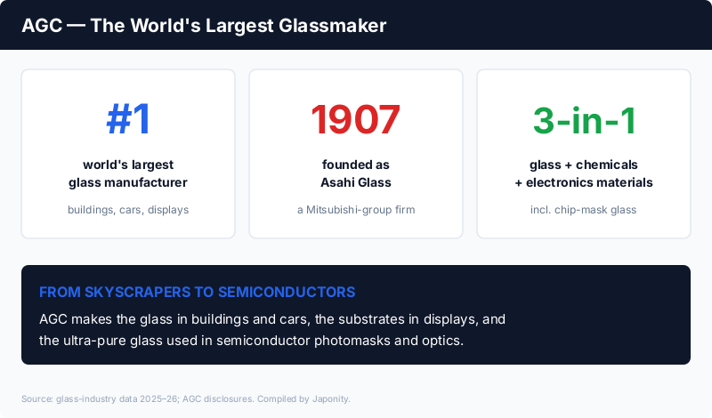 AGC: the world's largest glassmaker, founded 1907 as Asahi Glass, spanning architectural and automotive glass, display substrates, chemicals and semiconductor materials