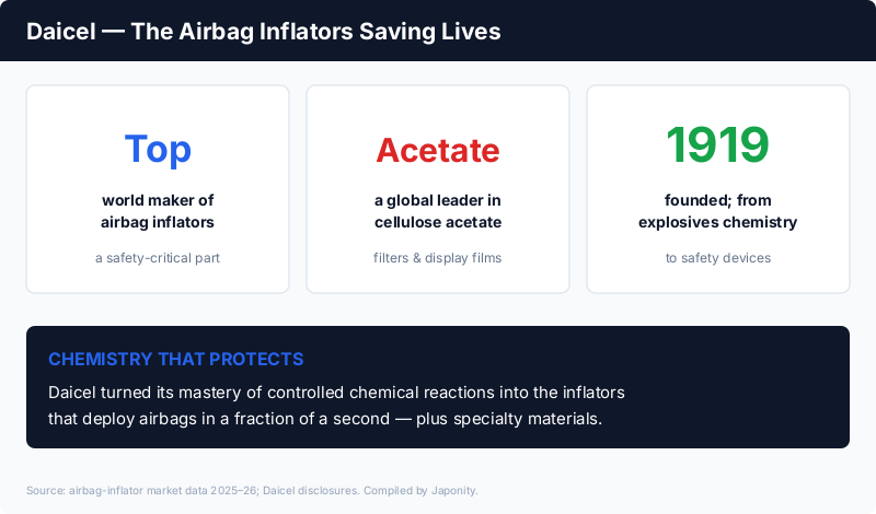 Daicel: a top global maker of automotive airbag inflators and a leader in cellulose acetate, founded 1919, applying controlled chemistry to safety devices and materials
