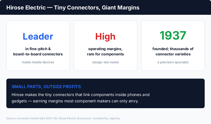 Hirose Electric: a leader in fine-pitch and board-to-board connectors with unusually high operating margins, founded 1937, offering thousands of connector types