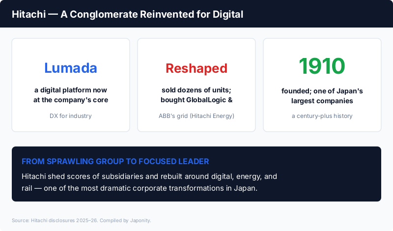 Hitachi: reinvented around its Lumada digital platform, having sold dozens of units and acquired GlobalLogic and ABB's power grid (Hitachi Energy), founded 1910