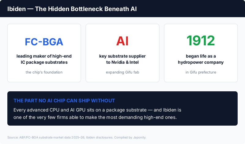 Ibiden: leading maker of high-end FC-BGA/ABF IC package substrates, key supplier to Nvidia and Intel AI chips, founded 1912 as a hydropower company