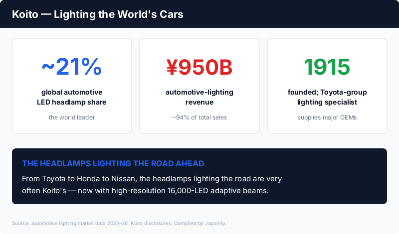 Koito Manufacturing: ~21% global automotive LED headlamp share, ¥950 billion lighting revenue, founded 1915, part of the Toyota group