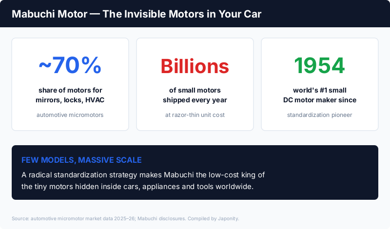 Mabuchi Motor: ~70% share of motors for car mirrors/locks/HVAC, billions of motors shipped yearly, world's #1 small DC motor maker since 1954