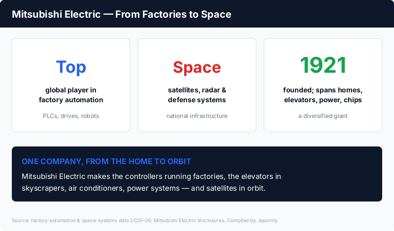 Mitsubishi Electric: a top global factory-automation player, a maker of satellites and radar, founded 1921, spanning homes, elevators, power and chips