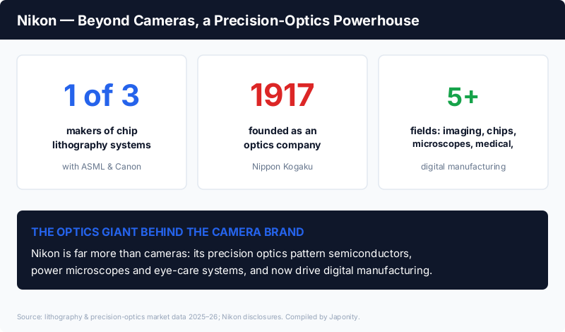 Nikon: one of only three makers of chip lithography systems, founded 1917 as an optics company, spanning imaging, semiconductors, microscopes, medical and digital manufacturing