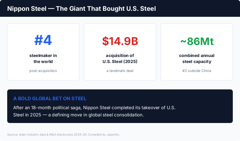 Nippon Steel: the world's #4 steelmaker after completing its $14.9 billion acquisition of U.S. Steel in 2025, with ~86 million tons combined capacity