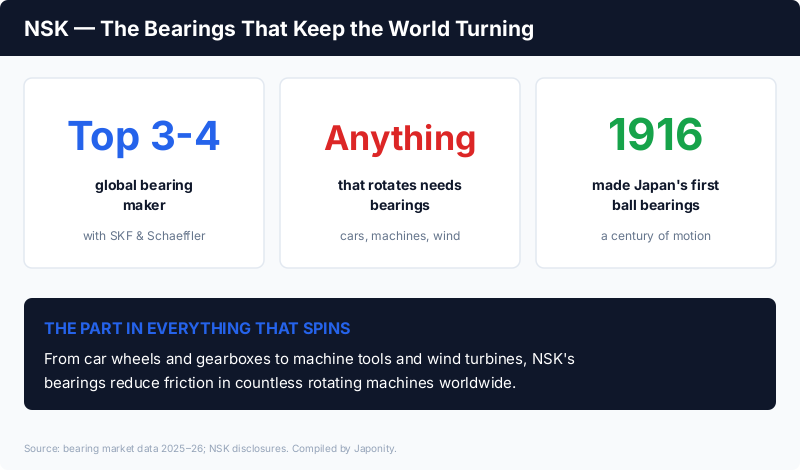 NSK: one of the world's top-three or four bearing makers, supplying cars, machines, and wind turbines, founded 1916 with Japan's first ball bearings