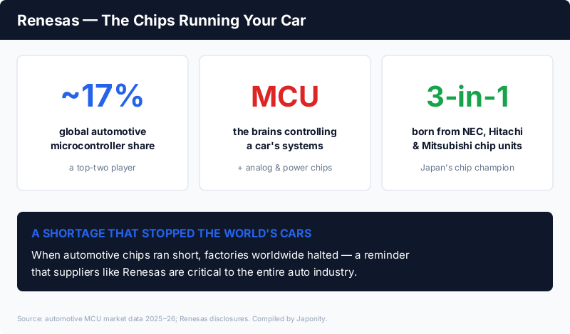 Renesas: ~17% global automotive microcontroller share, a top-two player, formed from the chip units of NEC, Hitachi and Mitsubishi