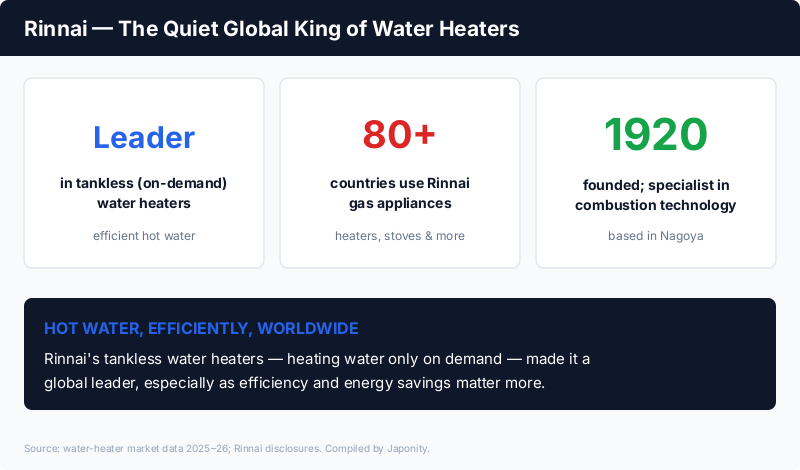 Rinnai: a global leader in tankless on-demand water heaters, gas appliances in 80+ countries, founded 1920, a combustion-technology specialist