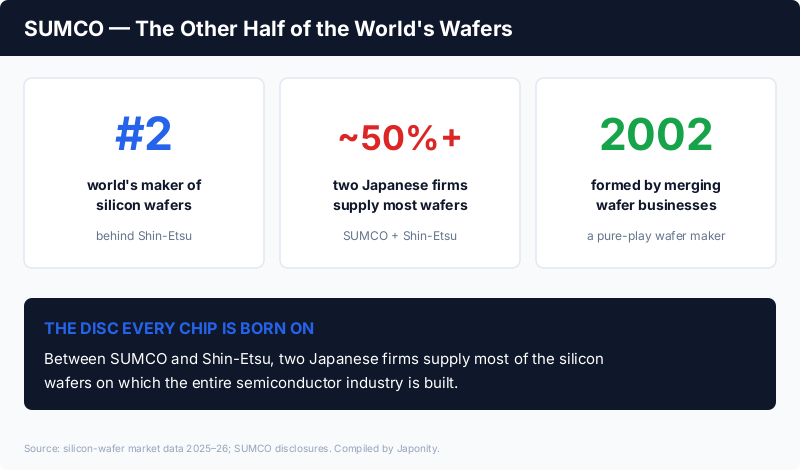 SUMCO: the world's #2 silicon wafer maker, supplying with Shin-Etsu over half the world's wafers, a pure-play wafer producer