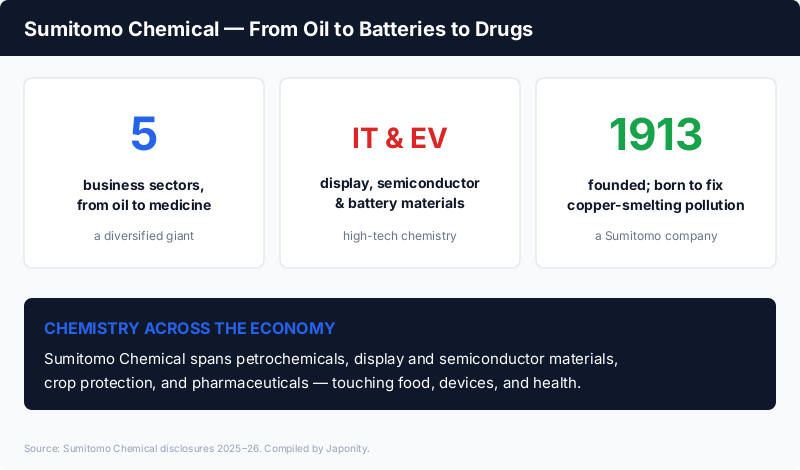 Sumitomo Chemical: five business sectors from petrochemicals to display, semiconductor and battery materials, crop protection and pharmaceuticals, founded 1913