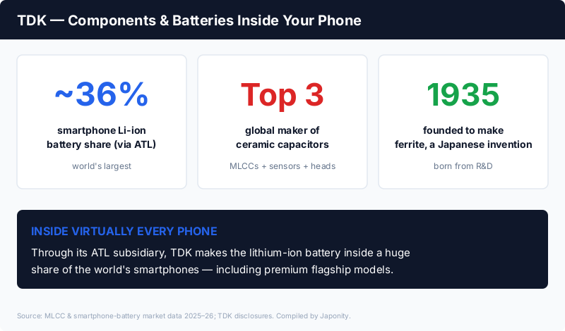 TDK: ~36% of smartphone Li-ion batteries via ATL, top-3 global MLCC maker, founded 1935 to commercialize ferrite