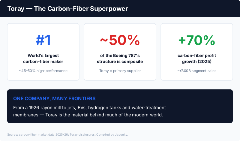 Toray carbon fiber: world #1 (~45-50% high-performance share), ~50% of Boeing 787 structure, +70% carbon fiber profit growth 2025