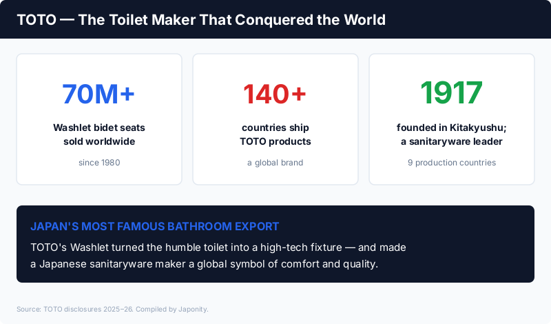 TOTO: 70 million+ Washlet bidet seats sold, products shipped to 140+ countries, founded 1917 in Kitakyushu, a global sanitaryware leader