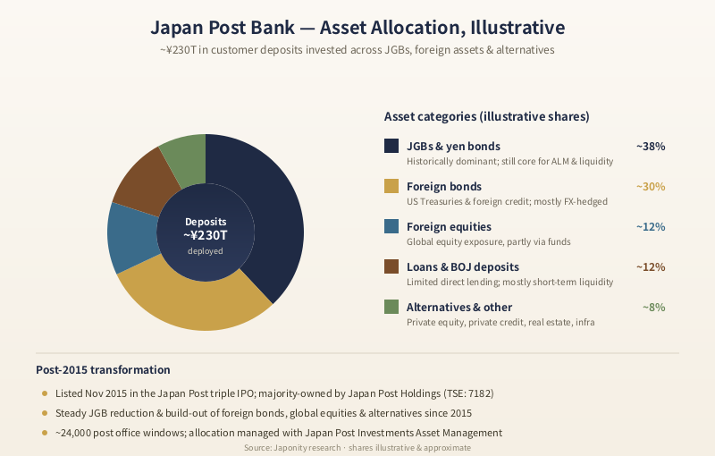 Japan Post Bank asset allocation across JGBs, foreign bonds, foreign equities, loans and alternatives, plus a deposit-base comparison versus MUFG, SMFG and Mizuho.