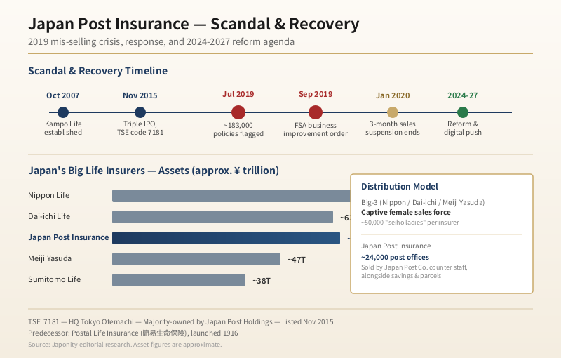 Japan Post Insurance scandal-and-recovery timeline 2007-2027 alongside an asset comparison versus Nippon Life, Dai-ichi, Meiji Yasuda and Sumitomo Life.