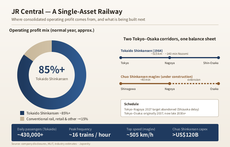 JR Central revenue concentration diagram showing Tokaido Shinkansen contributing ~85% of operating profit and the Chuo Shinkansen maglev corridor.