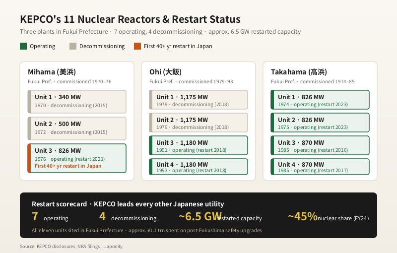 Diagram of KEPCO's 11 nuclear reactors at Mihama, Ohi and Takahama with operating/decommissioning status.