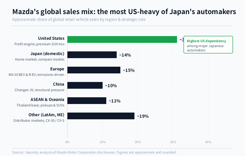 Horizontal bar chart of Mazda's global vehicle sales by region with the US share dominant.