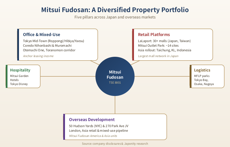 Hub-and-spoke diagram of Mitsui Fudosan's diversified portfolio across office and mixed-use, retail platforms, hospitality, logistics and overseas development.
