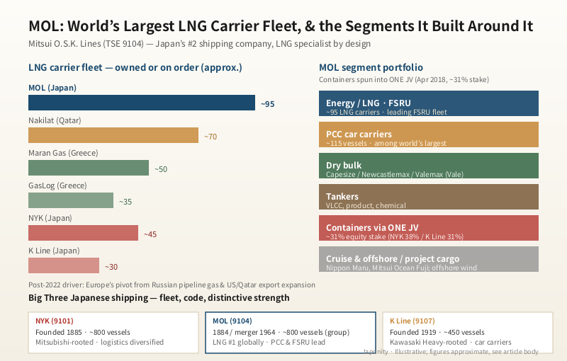 MOL LNG carrier fleet leadership versus global competitors, alongside MOL's segment portfolio and the three-way Japanese shipping comparison.