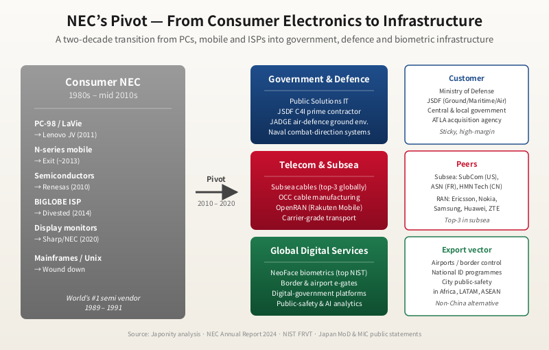 Diagram of NEC Corporation's three pillars — government and defence, telecom and subsea, global digital services — and the consumer businesses it has unwound.