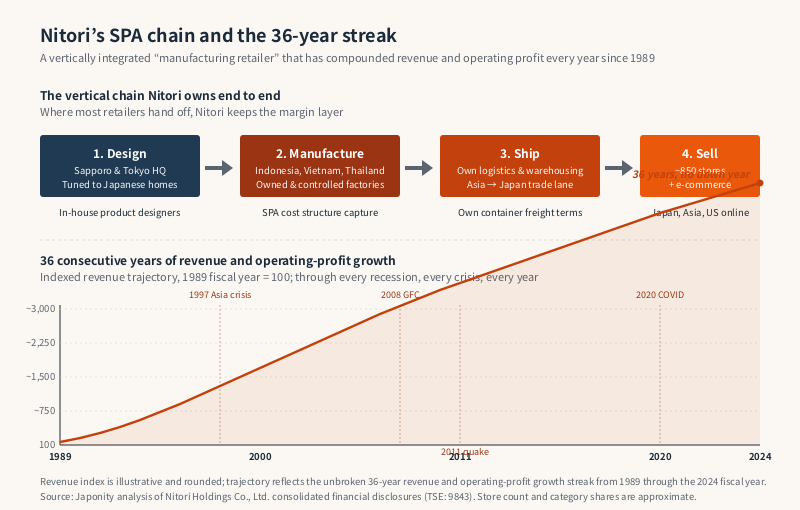 Diagram of Nitori's SPA value chain from Japan design through Asia manufacturing to direct retail, plus a 36-year revenue trajectory.
