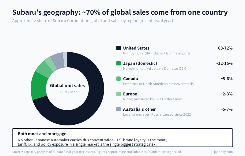 Donut chart of Subaru's global unit sales by region showing US dominance.