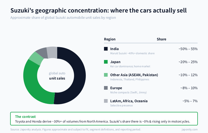 Donut chart of Suzuki's global automobile unit sales by region showing India dominant.