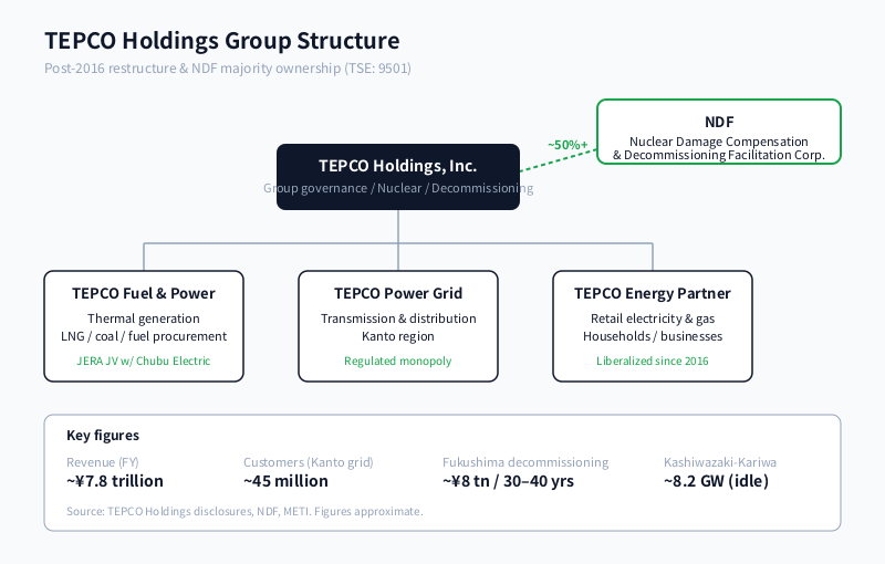 TEPCO Holdings group structure showing the 2016 restructure with Fuel & Power, Power Grid and Energy Partner subsidiaries plus NDF majority stake.