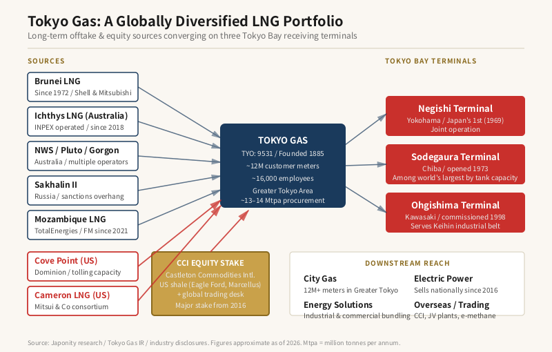 Tokyo Gas LNG sourcing diagram showing Brunei, Cove Point, Cameron and Mozambique converging on Negishi, Sodegaura and Ohgishima terminals.