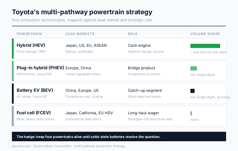 Diagram of Toyota's multi-pathway powertrain strategy across hybrid, plug-in hybrid, battery EV and fuel cell.